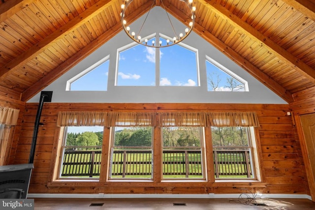 248 Wintergreen Dr, Luray, VA 22835 - details featuring a wood stove, wood walls, an inviting chandelier, and visible vents