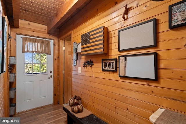 248 Wintergreen Dr, Luray, VA 22835 - doorway featuring wood walls, wood ceiling, beamed ceiling, and wood finished floors
