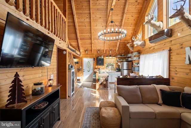 248 Wintergreen Dr, Luray, VA 22835 - living room featuring wood walls, an inviting chandelier, and wooden ceiling