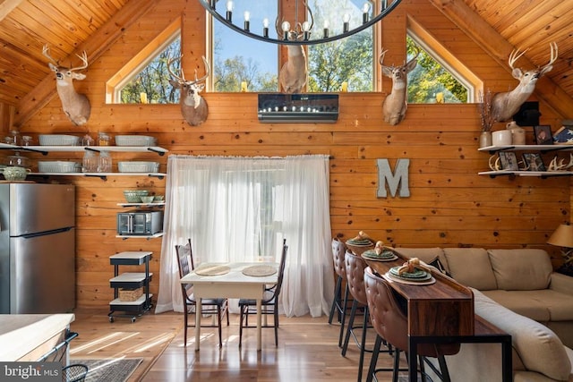 248 Wintergreen Dr, Luray, VA 22835 - dining area featuring wooden ceiling, wood walls, lofted ceiling with beams, and a healthy amount of sunlight