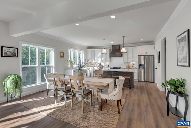 33 Ashlin Cv, Charlottesville, VA 22901 - dining area with crown molding, baseboards, dark wood-style floors, and recessed lighting