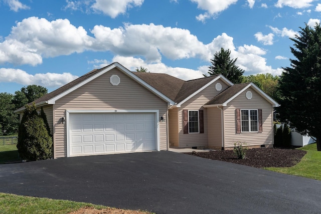 single story home featuring asphalt driveway, a garage, crawl space, fence, and a shingled roof