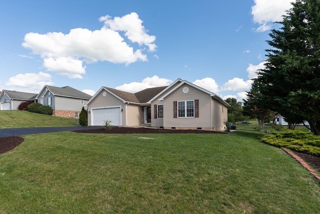 single story home with driveway, a garage, a front lawn, and crawl space