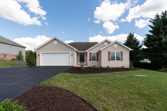 single story home with asphalt driveway, a garage, crawl space, and a front yard