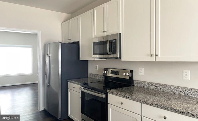 12112 Bowling Farm Ct, Fredericksburg, VA 22407 - kitchen featuring stainless steel appliances, white cabinets, dark wood-type flooring, and stone countertops