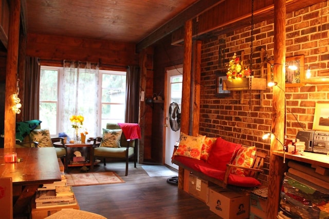 581 Oak Grove Church Rd, Waynesboro, VA 22980 - living room with wood finished floors, wooden ceiling, and brick wall