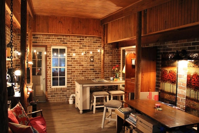 581 Oak Grove Church Rd, Waynesboro, VA 22980 - bar featuring wood ceiling, wood finished floors, brick wall, and wood walls