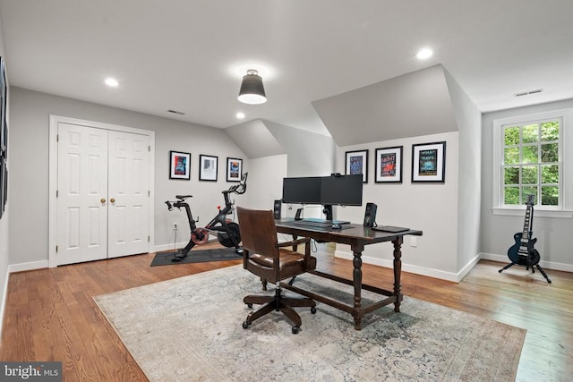  - office with wood finished floors, baseboards, recessed lighting, and vaulted ceiling