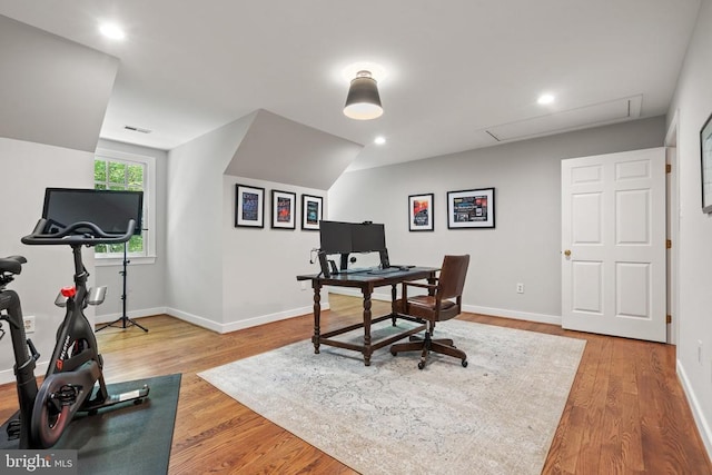  - office area featuring wood finished floors, attic access, baseboards, and recessed lighting