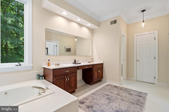  - full bathroom with double vanity, a garden tub, healthy amount of natural light, crown molding, and recessed lighting