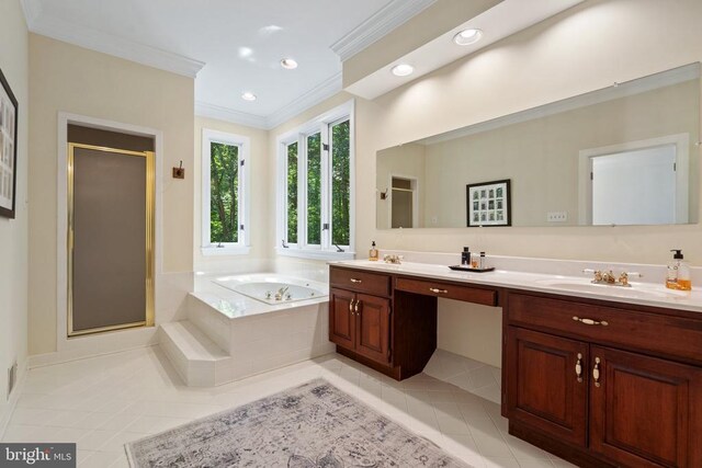  - full bathroom with tile patterned floors, double vanity, ornamental molding, a stall shower, and a garden tub