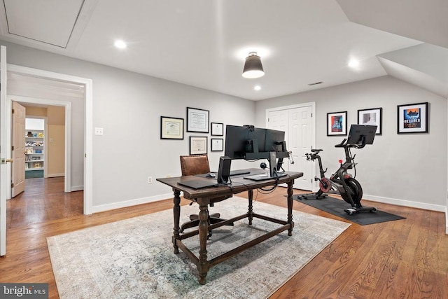  - office with light wood-type flooring, recessed lighting, baseboards, and attic access