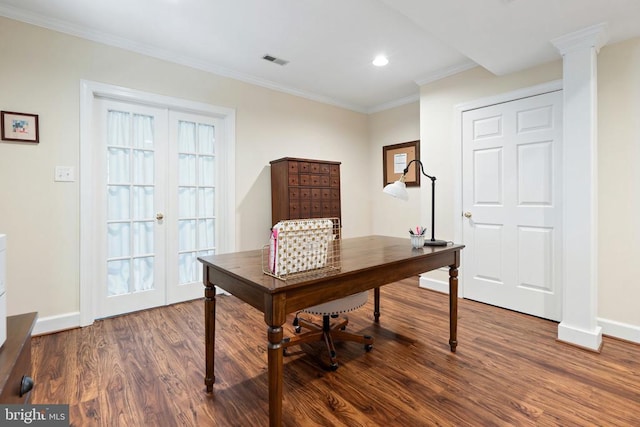  - office space featuring baseboards, wood finished floors, recessed lighting, crown molding, and french doors
