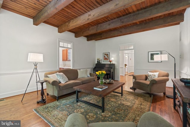  - living room featuring wooden ceiling with exposed beams, wood finished floors, and baseboards