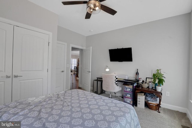 1909 Artillery Ridge Rd, Fredericksburg, VA 22408 - bedroom featuring carpet, baseboards, a closet, and a ceiling fan
