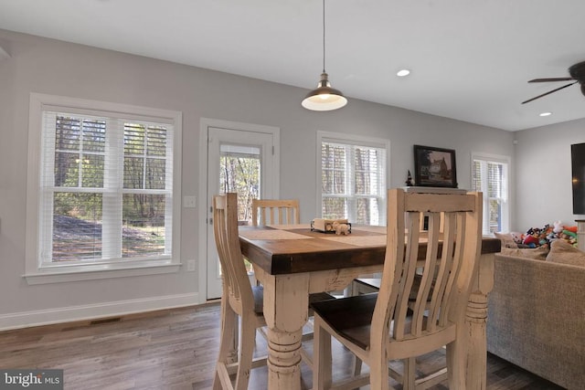 1909 Artillery Ridge Rd, Fredericksburg, VA 22408 - dining area featuring healthy amount of natural light, a ceiling fan, wood finished floors, baseboards, and recessed lighting