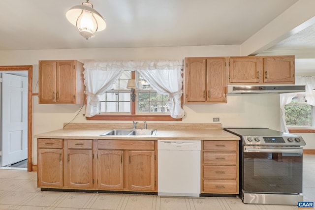 129 W Park Dr, Charlottesville, VA 22901 - kitchen with a sink, stainless steel range with electric stovetop, dishwasher, under cabinet range hood, and light countertops