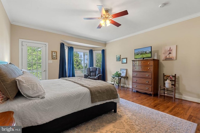 - bedroom with access to outside, wood finished floors, crown molding, and a ceiling fan