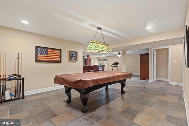  - rec room with dark stone finish floors, recessed lighting, and billiards