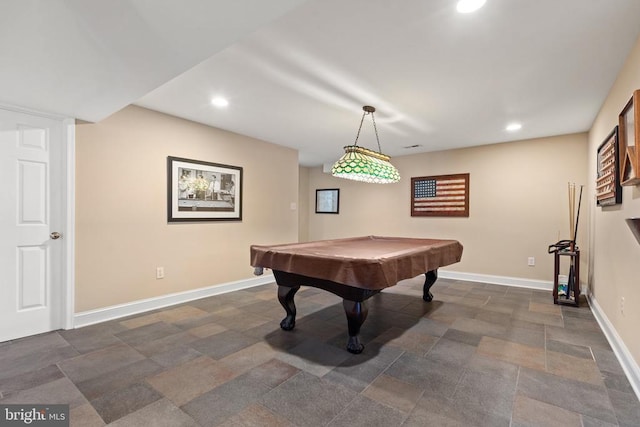  - playroom with recessed lighting, billiards, and stone finish flooring