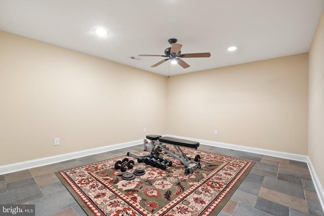  - workout area with ceiling fan and recessed lighting