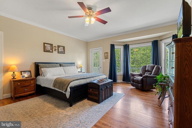  - bedroom with crown molding, wood finished floors, and ceiling fan