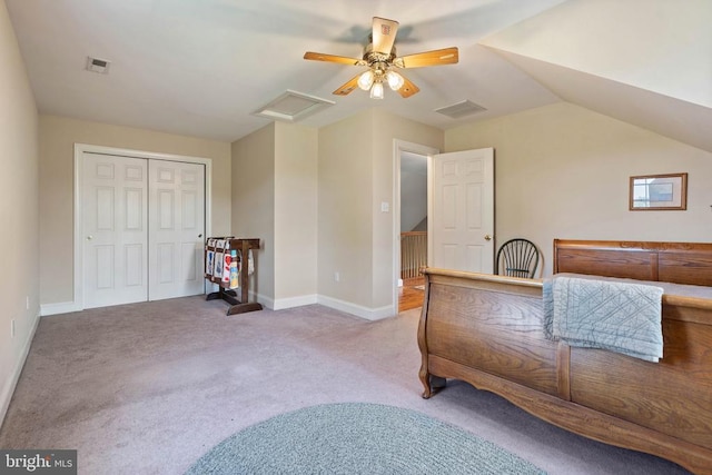  - bedroom with carpet floors, ceiling fan, and a closet