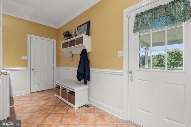  - mudroom featuring a wainscoted wall and crown molding