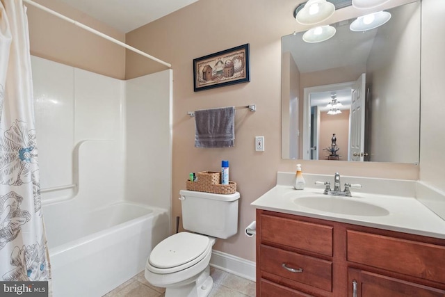  - full bath with shower / bath combo with shower curtain, vanity, and tile patterned floors