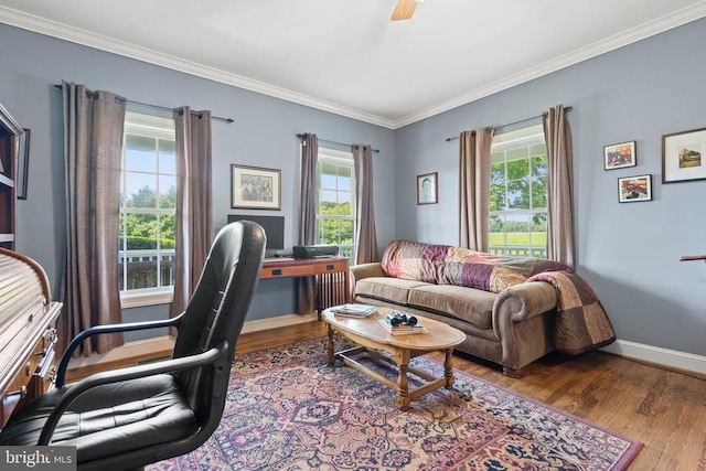  - office with healthy amount of natural light, wood finished floors, ornamental molding, and a ceiling fan
