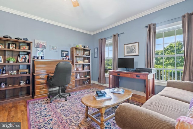  - home office featuring crown molding and wood finished floors
