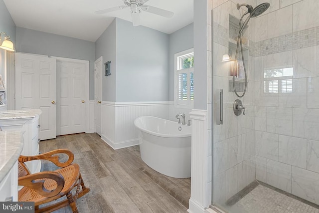  - bathroom featuring a stall shower, wood finished floors, a freestanding bath, a wainscoted wall, and vanity
