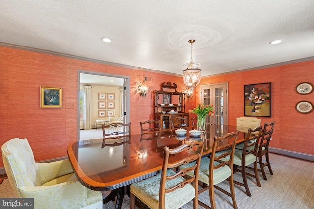 1126 F T Valley Rd, Sperryville, VA 22740 - carpeted dining area with ornamental molding, a chandelier, recessed lighting, french doors, and baseboards