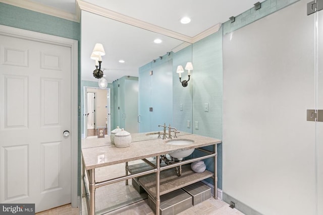 1126 F T Valley Rd, Sperryville, VA 22740 - bathroom featuring ornamental molding, recessed lighting, vanity, and baseboards