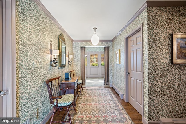 1126 F T Valley Rd, Sperryville, VA 22740 - corridor with crown molding, wood finished floors, wallpapered walls, and baseboards