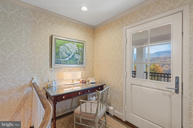 1126 F T Valley Rd, Sperryville, VA 22740 - home office featuring crown molding, wallpapered walls, baseboards, wood finished floors, and recessed lighting