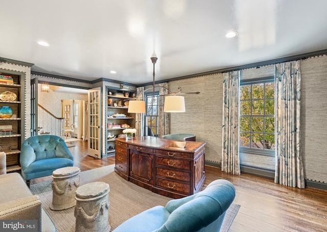 1126 F T Valley Rd, Sperryville, VA 22740 - office featuring wood finished floors, ornamental molding, baseboards, french doors, and wallpapered walls