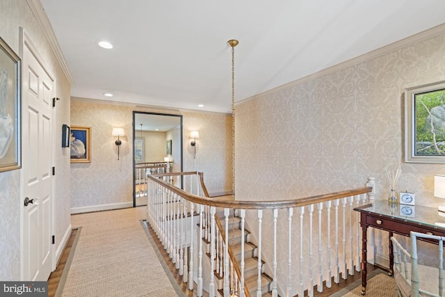 1126 F T Valley Rd, Sperryville, VA 22740 - corridor featuring an upstairs landing, crown molding, wallpapered walls, and recessed lighting