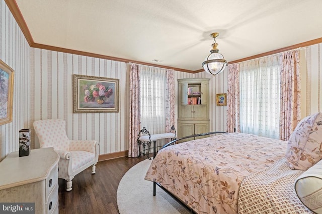 1126 F T Valley Rd, Sperryville, VA 22740 - bedroom with multiple windows, dark wood-type flooring, baseboards, wallpapered walls, and crown molding