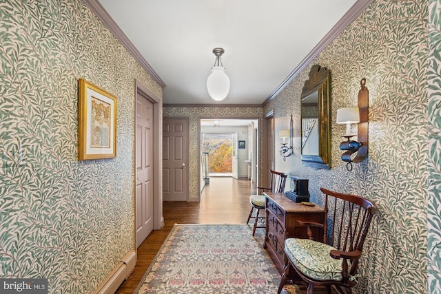 1126 F T Valley Rd, Sperryville, VA 22740 - corridor with wallpapered walls, ornamental molding, wood finished floors, and baseboards