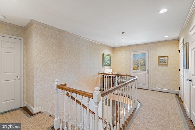 1126 F T Valley Rd, Sperryville, VA 22740 - hallway with an upstairs landing, a baseboard heating unit, crown molding, wallpapered walls, and recessed lighting