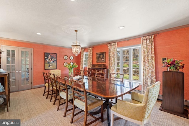 1126 F T Valley Rd, Sperryville, VA 22740 - dining room with baseboards, a chandelier, french doors, light colored carpet, and recessed lighting