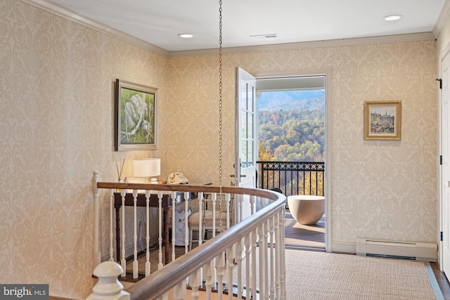 1126 F T Valley Rd, Sperryville, VA 22740 - hall with a baseboard heating unit, ornamental molding, wallpapered walls, and recessed lighting