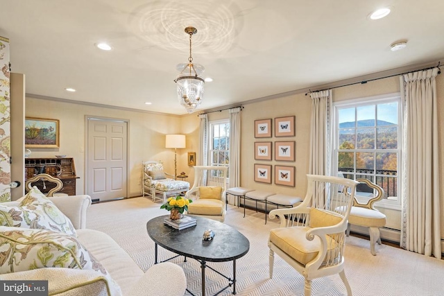 1126 F T Valley Rd, Sperryville, VA 22740 - carpeted living room featuring crown molding, recessed lighting, a chandelier, and baseboards