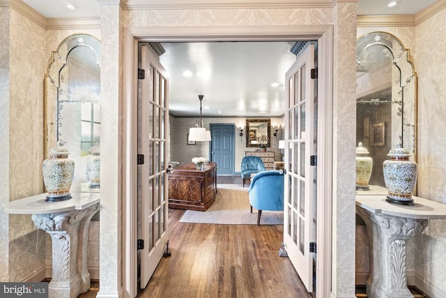 1126 F T Valley Rd, Sperryville, VA 22740 - corridor with french doors, hardwood / wood-style floors, wallpapered walls, ornamental molding, and recessed lighting