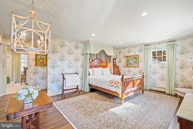 1126 F T Valley Rd, Sperryville, VA 22740 - bedroom with a chandelier, wallpapered walls, crown molding, wood finished floors, and baseboard heating