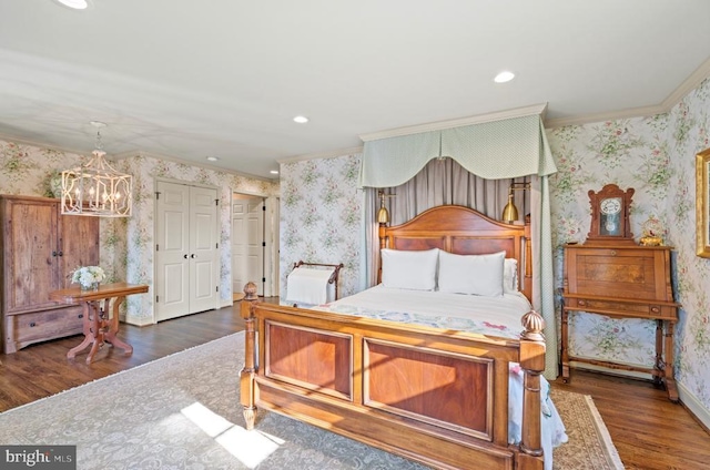 1126 F T Valley Rd, Sperryville, VA 22740 - bedroom featuring wallpapered walls, wood finished floors, crown molding, a chandelier, and recessed lighting