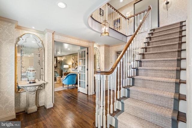 1126 F T Valley Rd, Sperryville, VA 22740 - stairs featuring wood finished floors, ornamental molding, wallpapered walls, baseboards, and recessed lighting