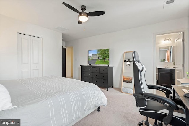 5014 Godwins Landing Dr, Remington, VA 22734 - bedroom with light colored carpet, a closet, an office area, a ceiling fan, and connected bathroom