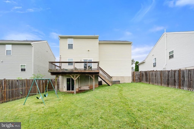 5014 Godwins Landing Dr, Remington, VA 22734 - back of house with a deck, stairs, a fenced backyard, and a playground